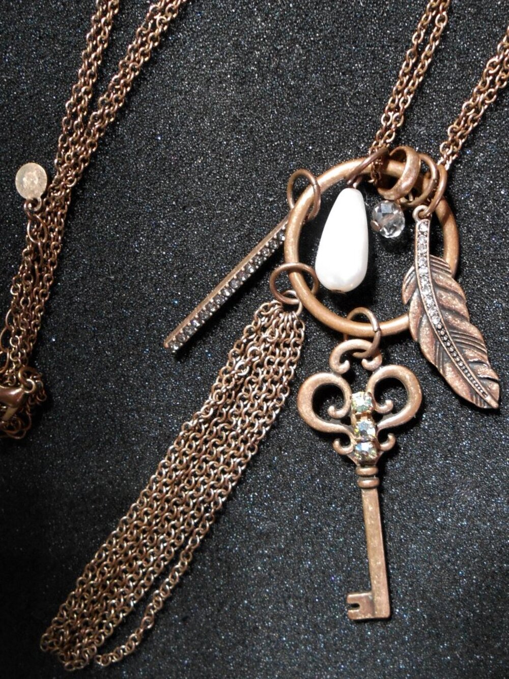 Key, Feather, Circle, Tassel & Rhinestone Necklace